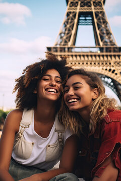 Beautiful gorgeous women in front of the Eiffel tower in Paris