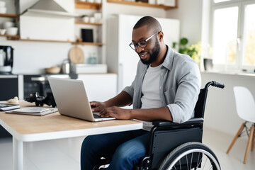 Black man with disability checking his medical documents and filling form on laptop - obrazy, fototapety, plakaty