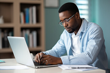 Fototapeta na wymiar Black man with disability checking his medical documents and filling form on laptop