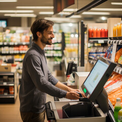 Man paying at a self-checkout in a supermarket. - obrazy, fototapety, plakaty