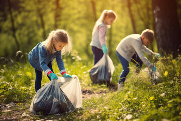 Close up photo of Children picking up trash at the park for Earth Day - obrazy, fototapety, plakaty