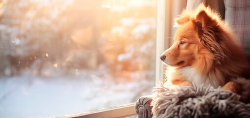  puppy looking at window with frosty day outdoors on winter day, horizontal banner, copy space for text
