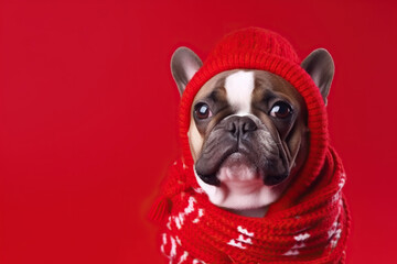 Cute French Bulldog in a Red Hat and Scarf on a Red Background with Space for Copy