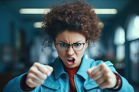 A woman in a state of extreme rage, with clenched fists and jaw, angry, emotional and furious, is singled out for office. Generated by AI.