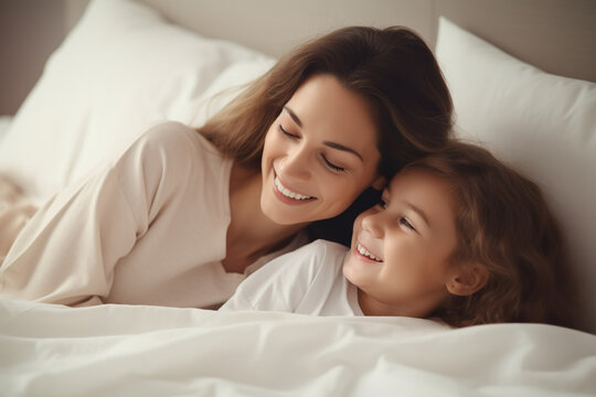Cute little preschooler daughter and happy millennial mom waking up in cozy home bed together,