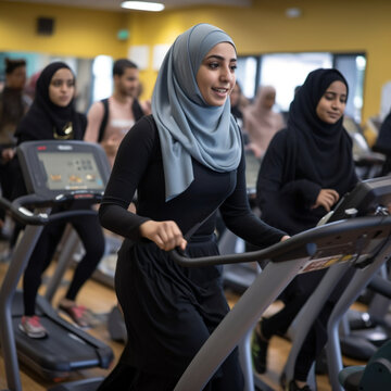 Muslim women with hijab doing sports in a gym.