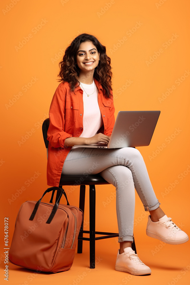 Wall mural full body young smiling happy it indian woman wear t-shirt casual clothes sit in bag chair hold use 