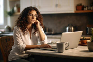 Female entrepreneur talking over mobile phone and looking at camera while working over laptop at home