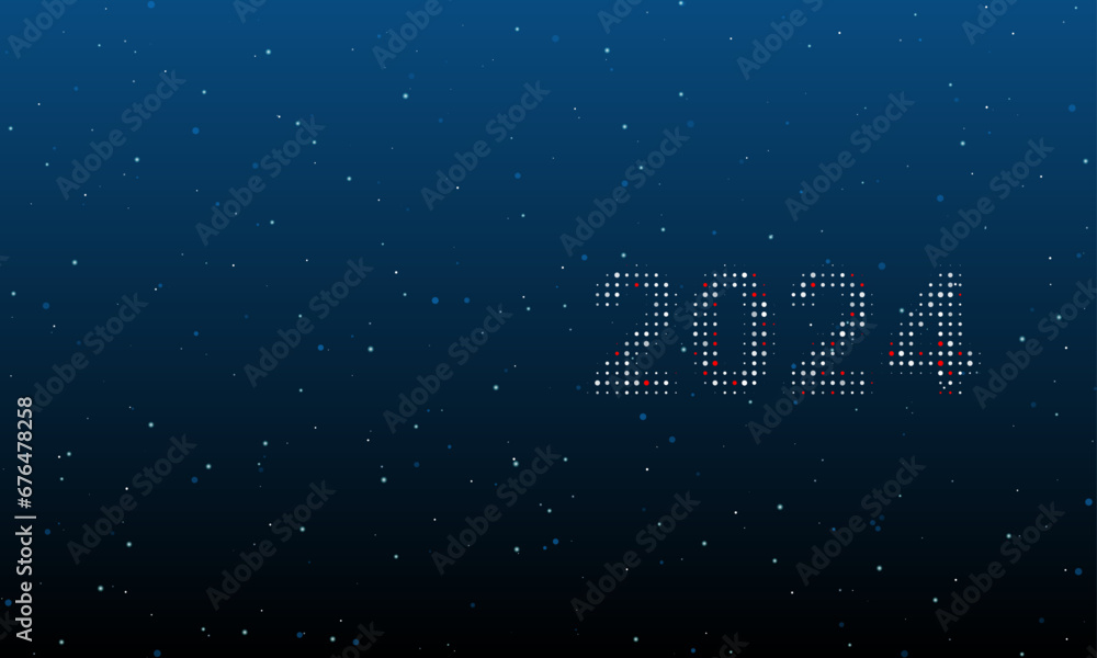 Poster On the right is the 2024 year symbol filled with white dots. Background pattern from dots and circles of different shades. Vector illustration on blue background with stars