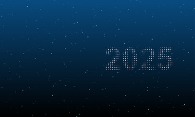On the right is the 2025 year symbol filled with white dots. Background pattern from dots and circles of different shades. Vector illustration on blue background with stars
