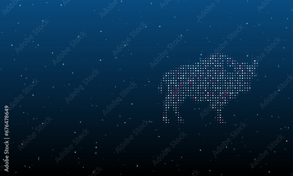 Poster on the right is the buffalo symbol filled with white dots. background pattern from dots and circles 