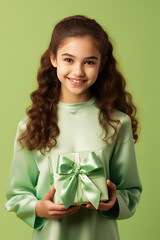Pretty cute positive girl receive gift celebrate birthday party isolated on green color background