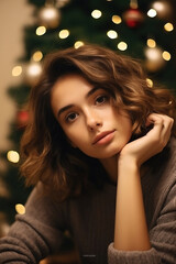 Spending at home young girl brown bob hair hands head chilling attractive person pretty dreams enjoying Christmas time isolated indoors