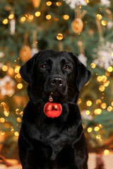 labrador retriever with christmas tree