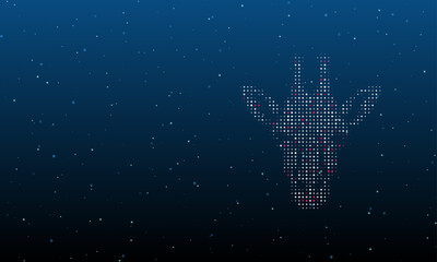 On the right is the giraffe head symbol filled with white dots. Background pattern from dots and circles of different shades. Vector illustration on blue background with stars