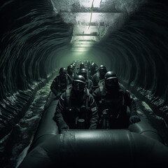Soldiers inside a nuclear submarine.