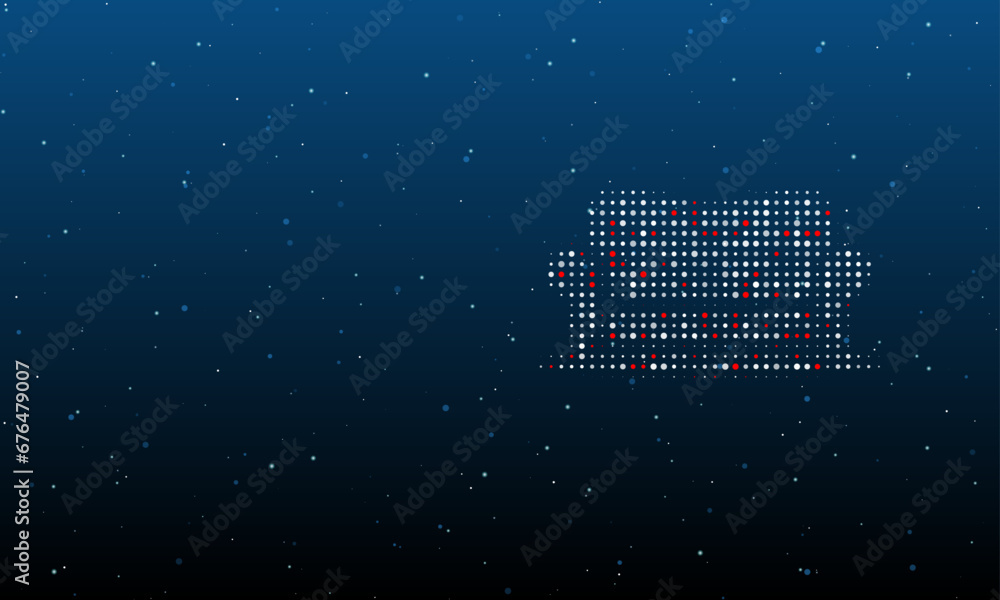 Poster On the right is the sofa symbol filled with white dots. Background pattern from dots and circles of different shades. Vector illustration on blue background with stars