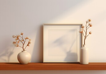 white blank poster frame on shelf with vase of flowers and flowers, in the style of light brown and beige, light indigo and light beige, vibrant hues master, 8k resolution, nature morte, superflat, br
