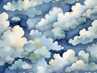 Deja volar tu imaginación con un fondo azul acuarela, con una mezcla de pinceladas suaves y audaces, y un toque de nubes caprichosas - obrazy, fototapety, plakaty
