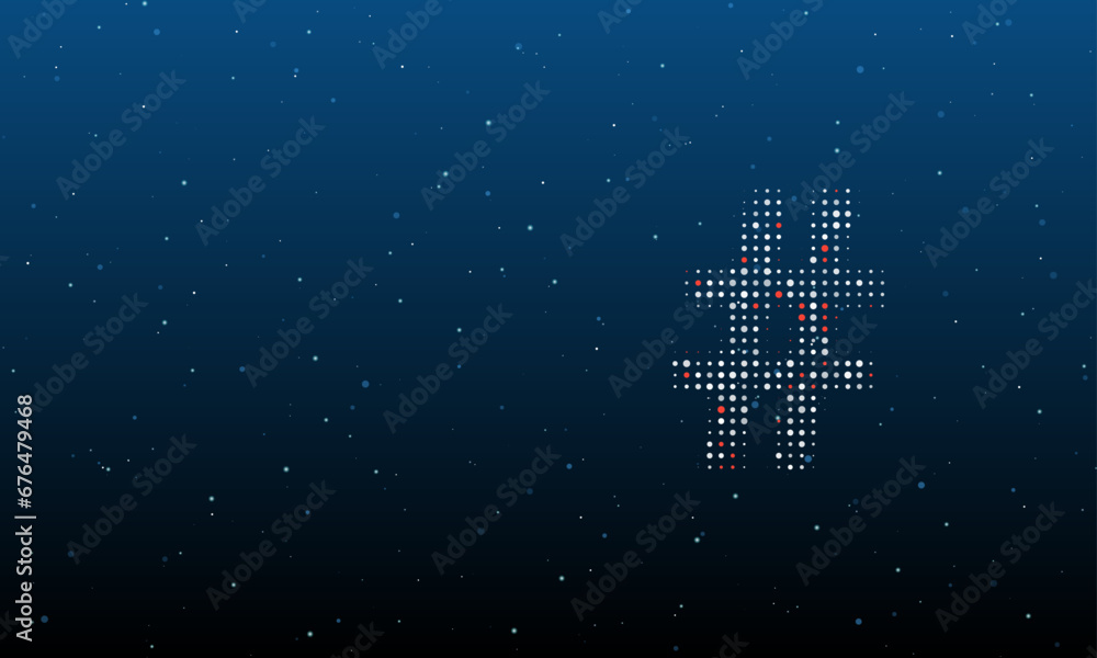 Poster on the right is the hash symbol filled with white dots. background pattern from dots and circles of 