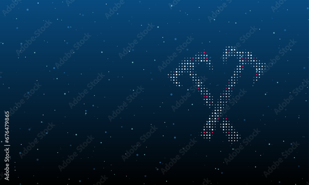 Poster on the right is the crossed axes symbol filled with white dots. background pattern from dots and cir