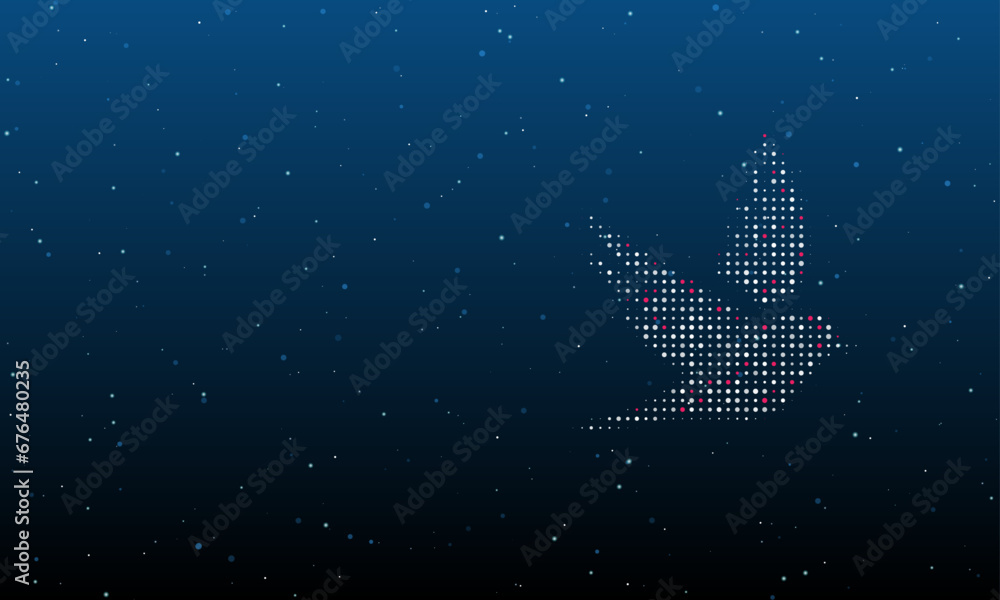 Aufkleber on the right is the bird symbol filled with white dots. background pattern from dots and circles of 