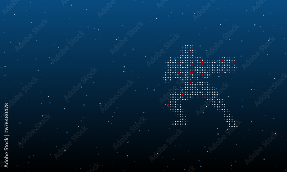 Poster on the right is the combat robot symbol filled with white dots. background pattern from dots and cir
