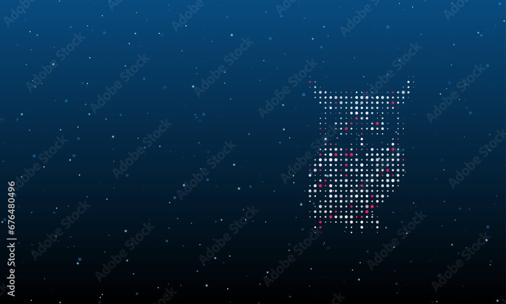 Poster on the right is the owl symbol filled with white dots. background pattern from dots and circles of d