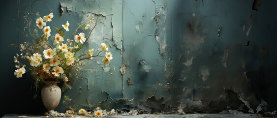 Flower vase by the green painterly textured wall - obrazy, fototapety, plakaty