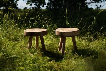 two wood stools in the grass, in the style of rendered in cinema4d, tabletop photography, vray, minimalistic japanese, tondo, large canvas sizes, highly detailed foliage