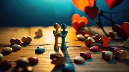 A couple of figurines standing next to a bunch of hearts. - obrazy, fototapety, plakaty