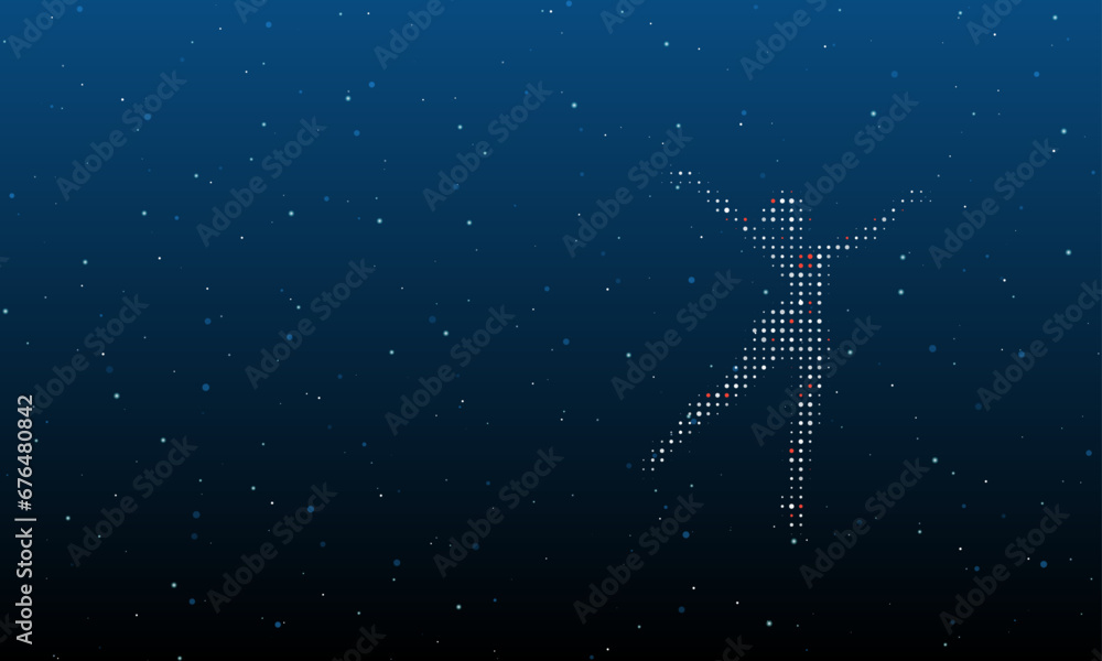 Poster on the right is the dancing girl symbol filled with white dots. background pattern from dots and cir