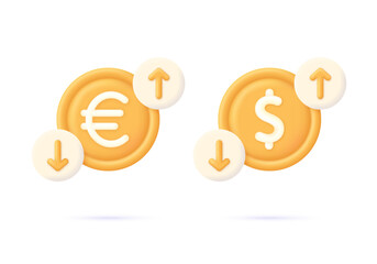 3D Set of cost of euro and dollar with arrow down and up. Economy crisis or economy growth. loss or growth.