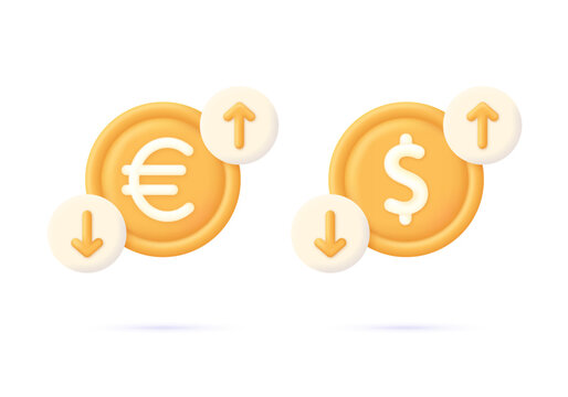 3D Set of cost of euro and dollar with arrow down and up. Economy crisis or economy growth. loss or growth.