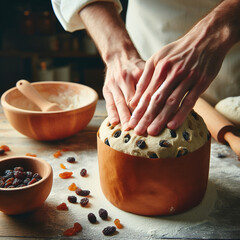 Obraz na płótnie Canvas Preparation of panettone dough in an artisanal pastry shop, raisins and candied fruit, flour