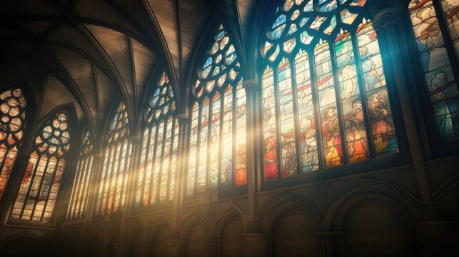  a large cathedral filled with lots of windows and a sky light coming through the stained glass windows on the side of the building.  generative ai