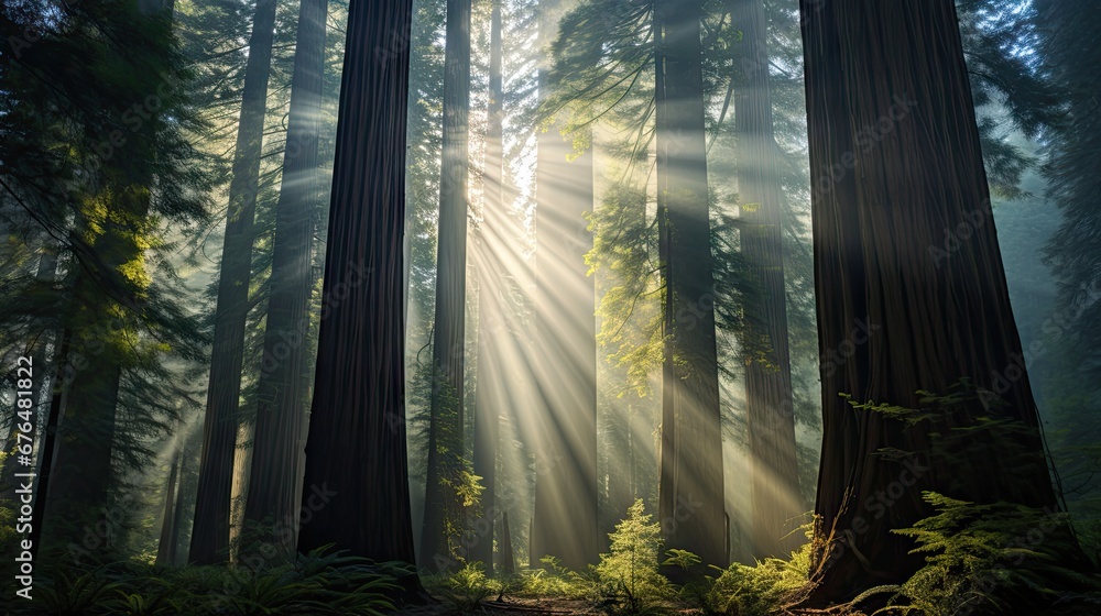Poster the sun shines through the trees in a dense forest of tall, green and leafy trees in the foreground,