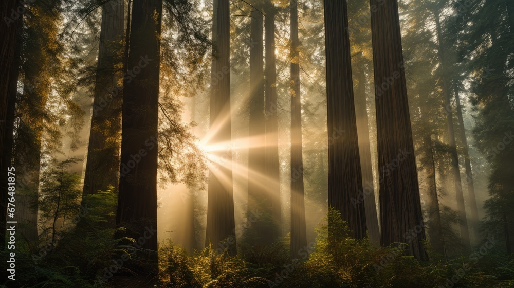 Poster the sun shines through the tall trees in a dense, foggy forest with tall trees in the foreground. ge