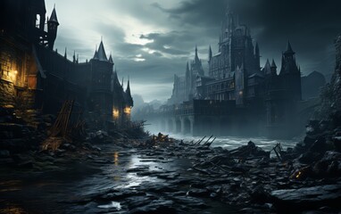 dark fantasy castle landscape - obrazy, fototapety, plakaty