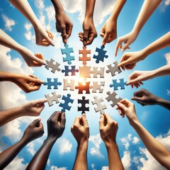 Uplifting scene of multiracial hands connecting puzzle pieces against a blue sky, symbolizing collaboration and unity