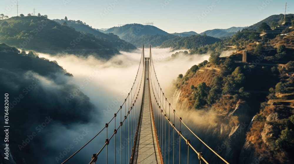 Poster a view of a suspension bridge in the middle of a foggy valley with trees and hills in the background