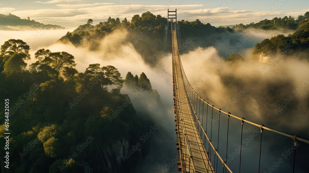 Poster an aerial view of a suspension bridge in the middle of a forest with low hanging clouds in the foreg