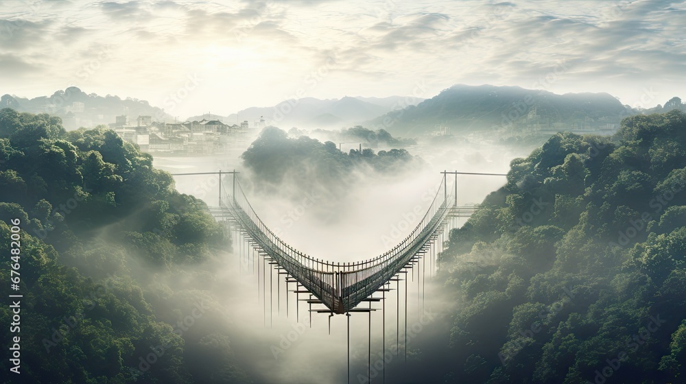 Poster a bridge in the middle of a forest in the middle of a foggy day with mountains in the background. ge