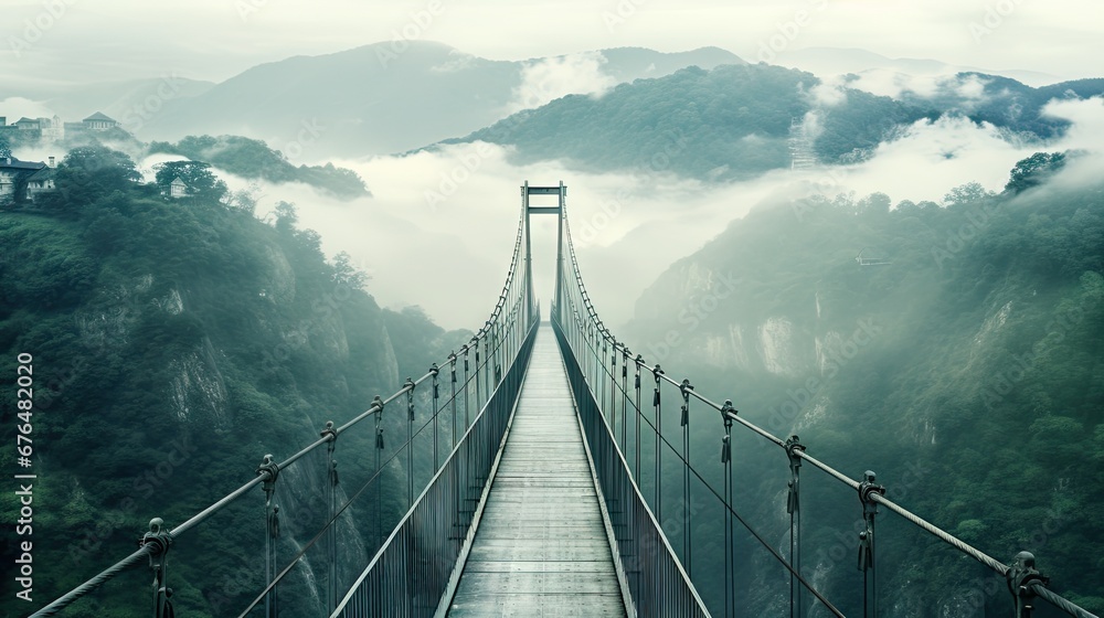 Poster a suspension bridge in the middle of a foggy forest, with trees on either side of the bridge and mou