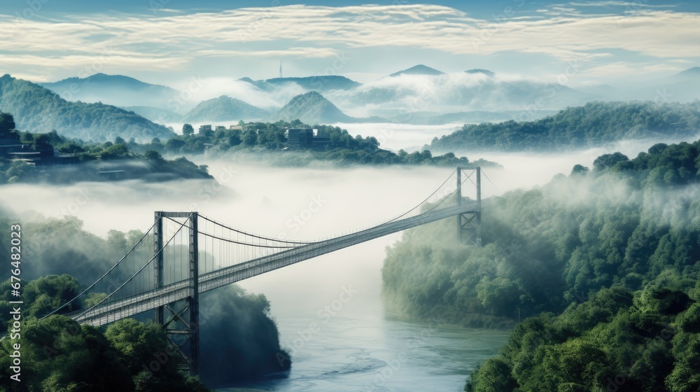 Poster a picture of a bridge in the middle of a foggy valley with trees and hills in the back ground. gener