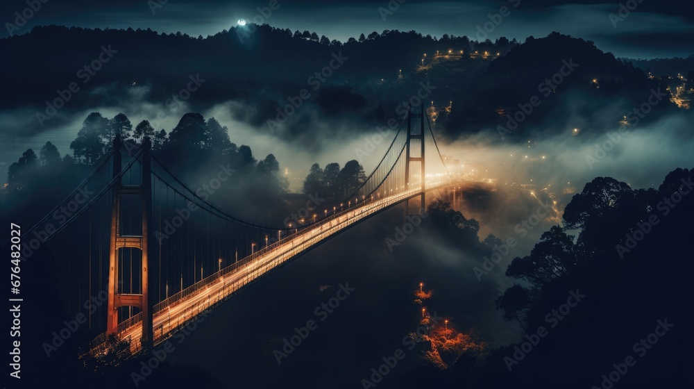 Poster a long suspension bridge in the middle of a foggy night with lights shining on the bridge and trees 