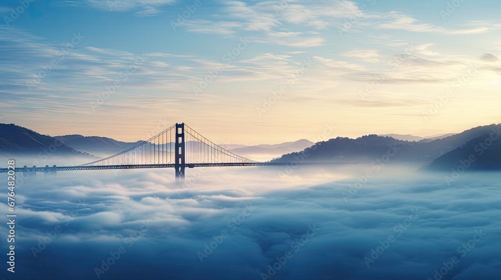 Poster a view of the golden gate bridge over a sea of clouds in the foreground, with mountains in the backg