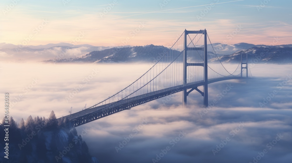Poster a suspension bridge in the middle of a sea of clouds with a mountain in the background in the foregr