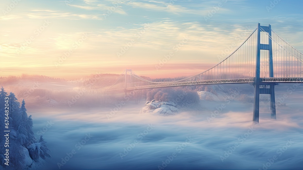 Aufkleber a painting of a bridge in the middle of a foggy area with trees in the foreground and a mountain in 