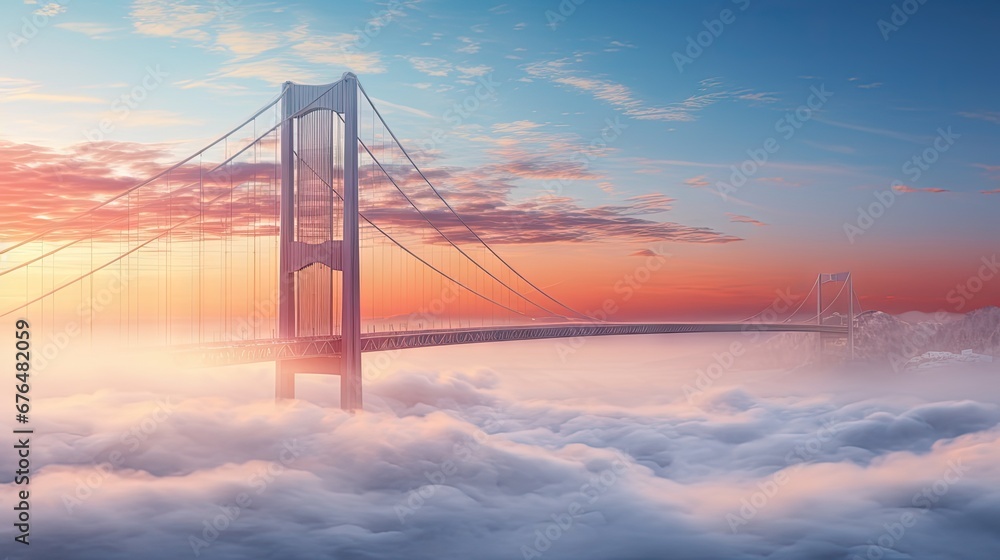 Poster a picture of a bridge in the middle of a foggy sky with a bridge in the distance in the middle of th